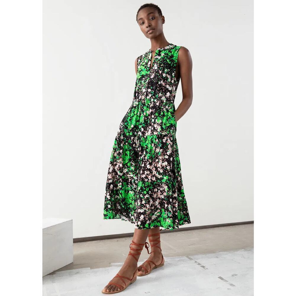 & Other Stories Floral Print Sleeveless Tiered A-Line Midi Dress Green/Black 6